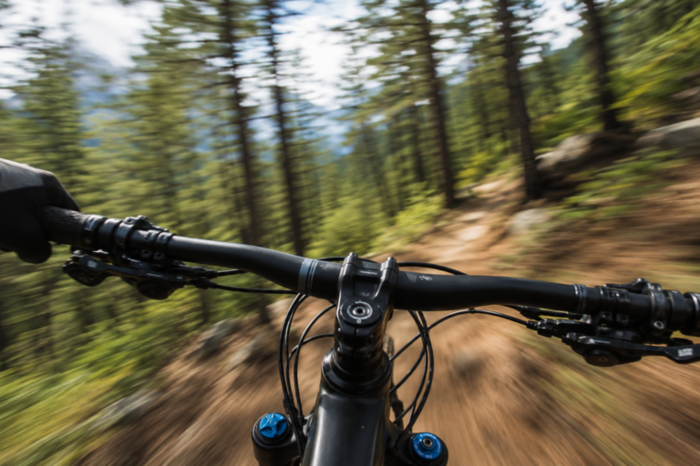 mountain bike handle bars zooming down a mountain trail