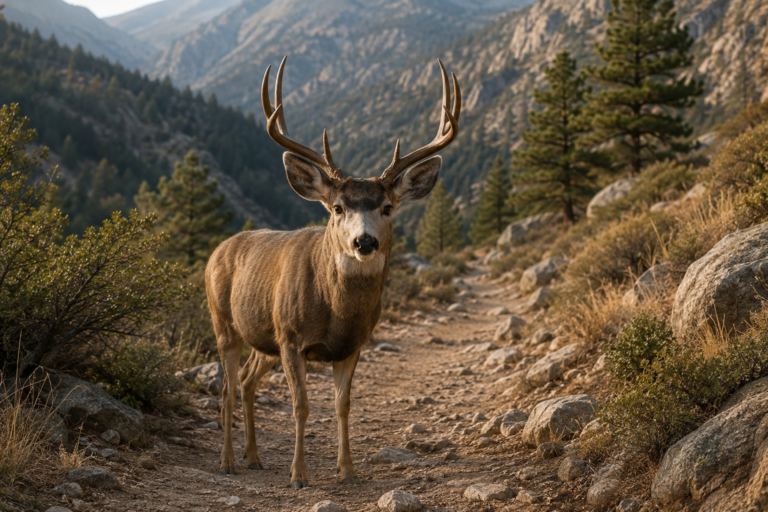 California mule deer with antlers standing in the middle of a mountain trail