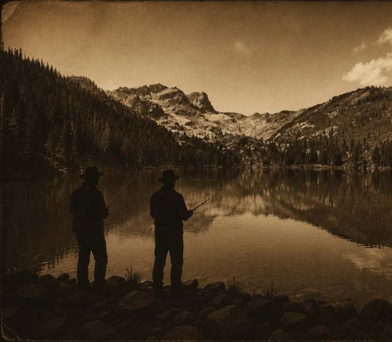 old fashion picture showing two men fishing from the shore during sunset