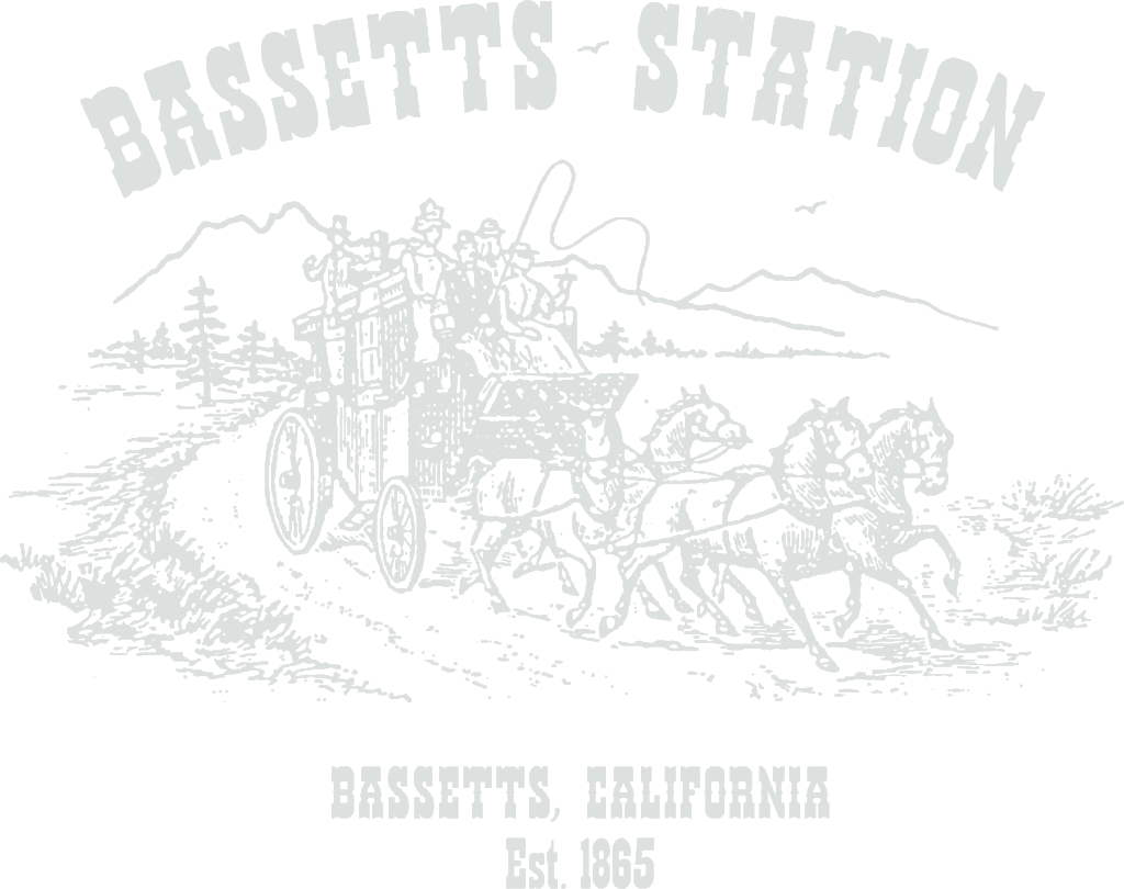 Bassett's Station Logo stage coach drawn by four horses carrying six people