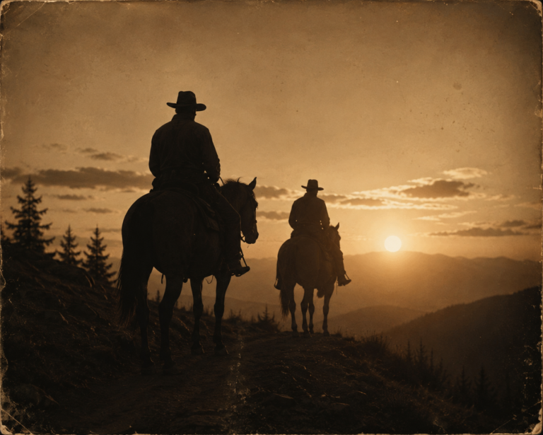 Cowboys at sunset riding on a ridge