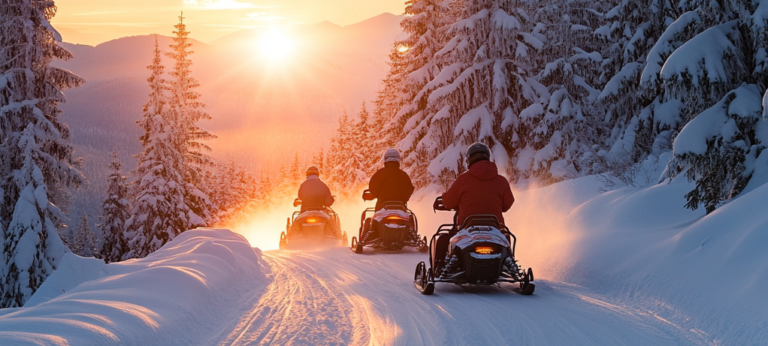 family riding snow mobiles