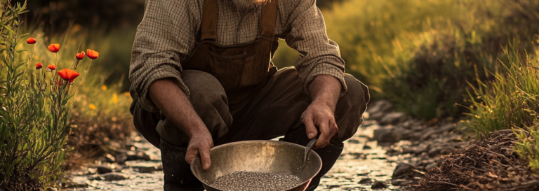 man holding gold pan in shallow creek