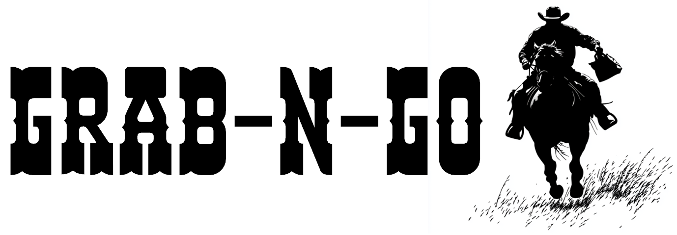 Grab N Go Bassett's sign with cowboy on horse riding fast with sack in hand