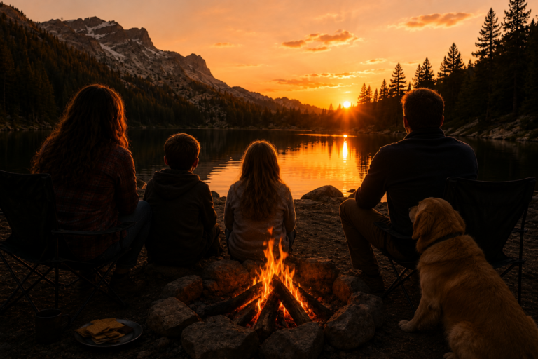 family watching a sunset with a camp fire warming their backs